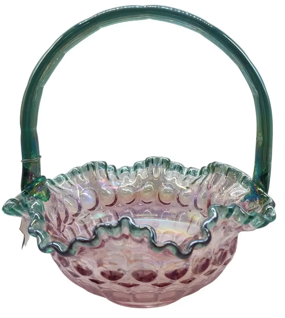 VINTAGE FENTON ROSE MAGNOLIA SEAGREEN CREST IRIDISED THUMBPRINT BASKET